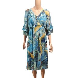 NEW Antthony Originals HSN Size S Blue Watercolor Midi Dress Kimono Sleeves